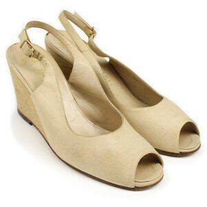 VTG Bruno Magli Tan Canvas Peep Toe Slingback Rope Sole Wedge Heels EU 37
